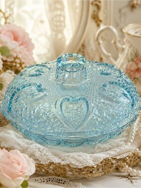 Vintage KIG Malaysia Blue Hearts & Roses Covered Candy Dish w Lid